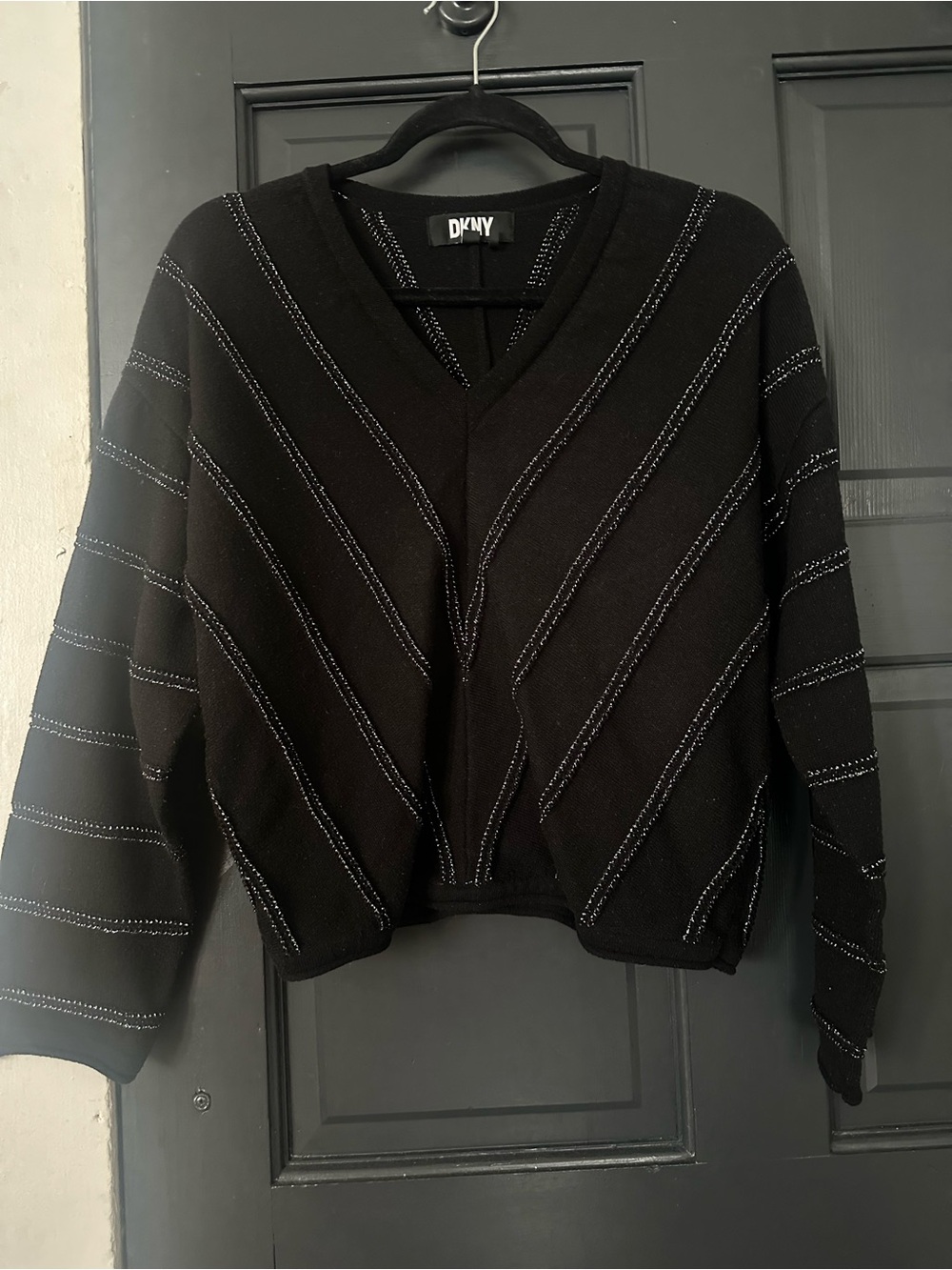 DKNY Black V-Neck Sweater with Metallic Stitching